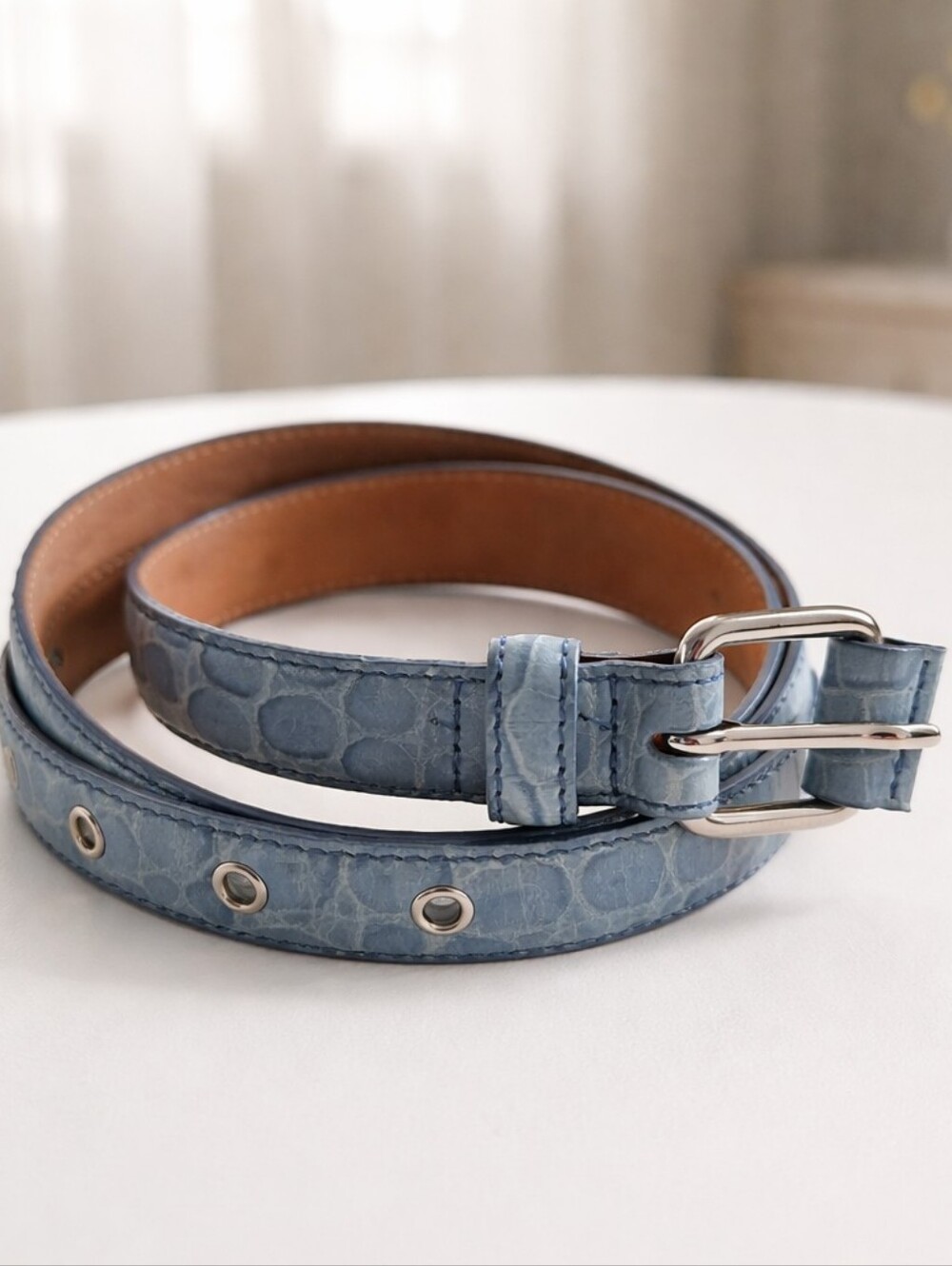 Talbots Light Blue Croc-Embossed Leather Belt with Silver Hardware